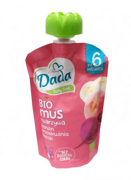 Пюре Dada Bio Mus банан, персик, буряк 100 г, від 6 міс 100dada012761 фото